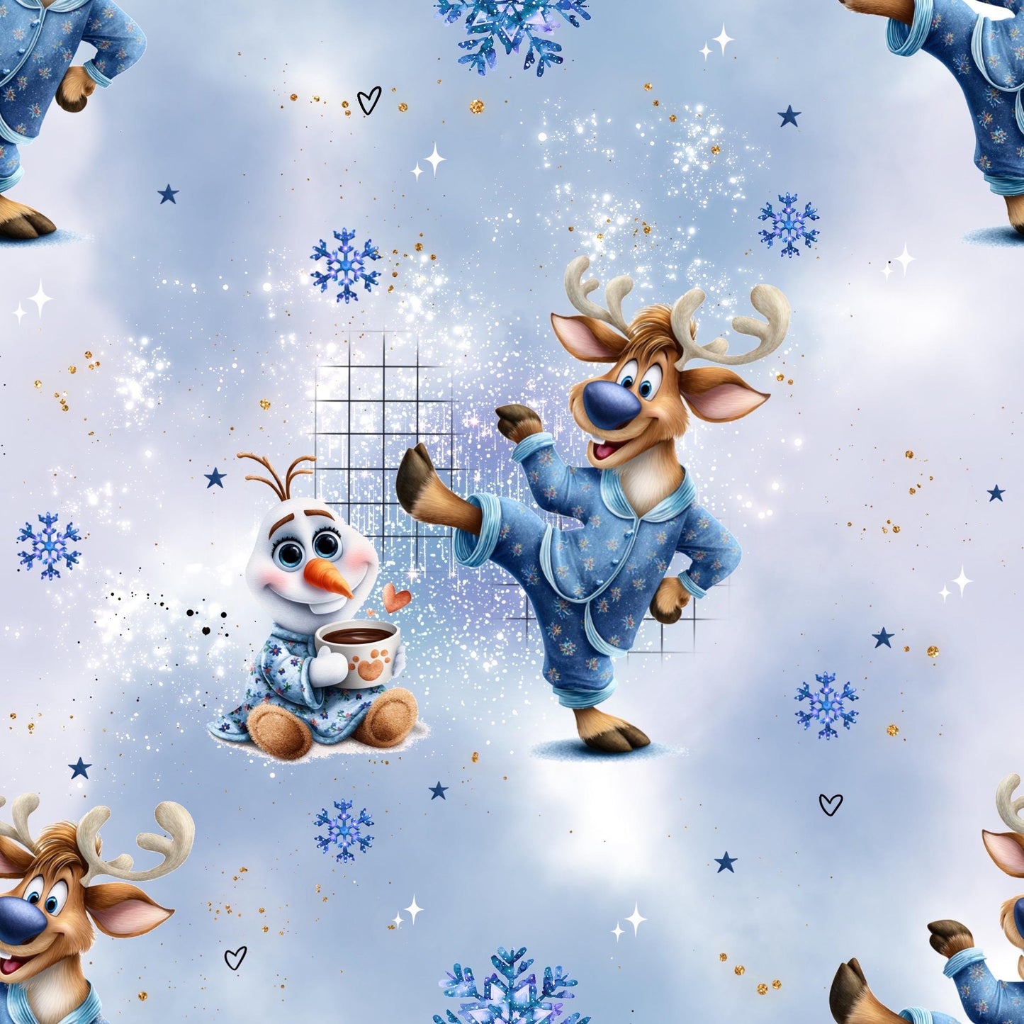 Eigenproduktion Stoff Schneemann und Hirsch