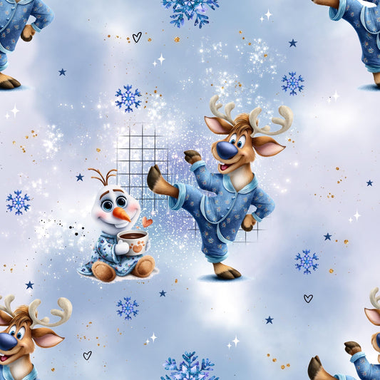 Eigenproduktion Stoff Schneemann und Hirsch